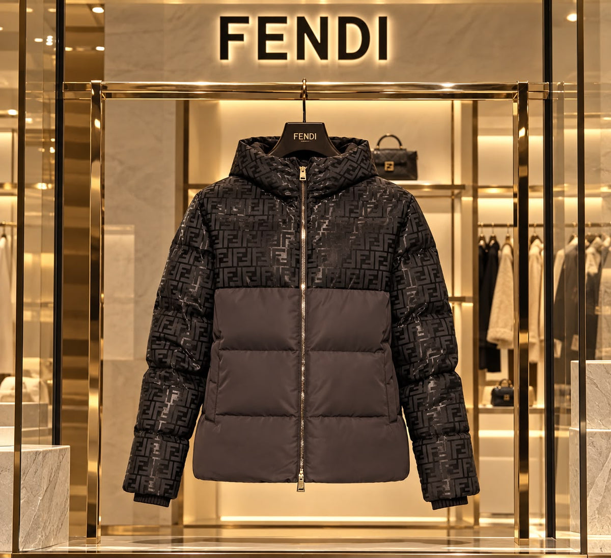 Fendi FF Monogram Motif Hooded Two-Tone Down Jacket