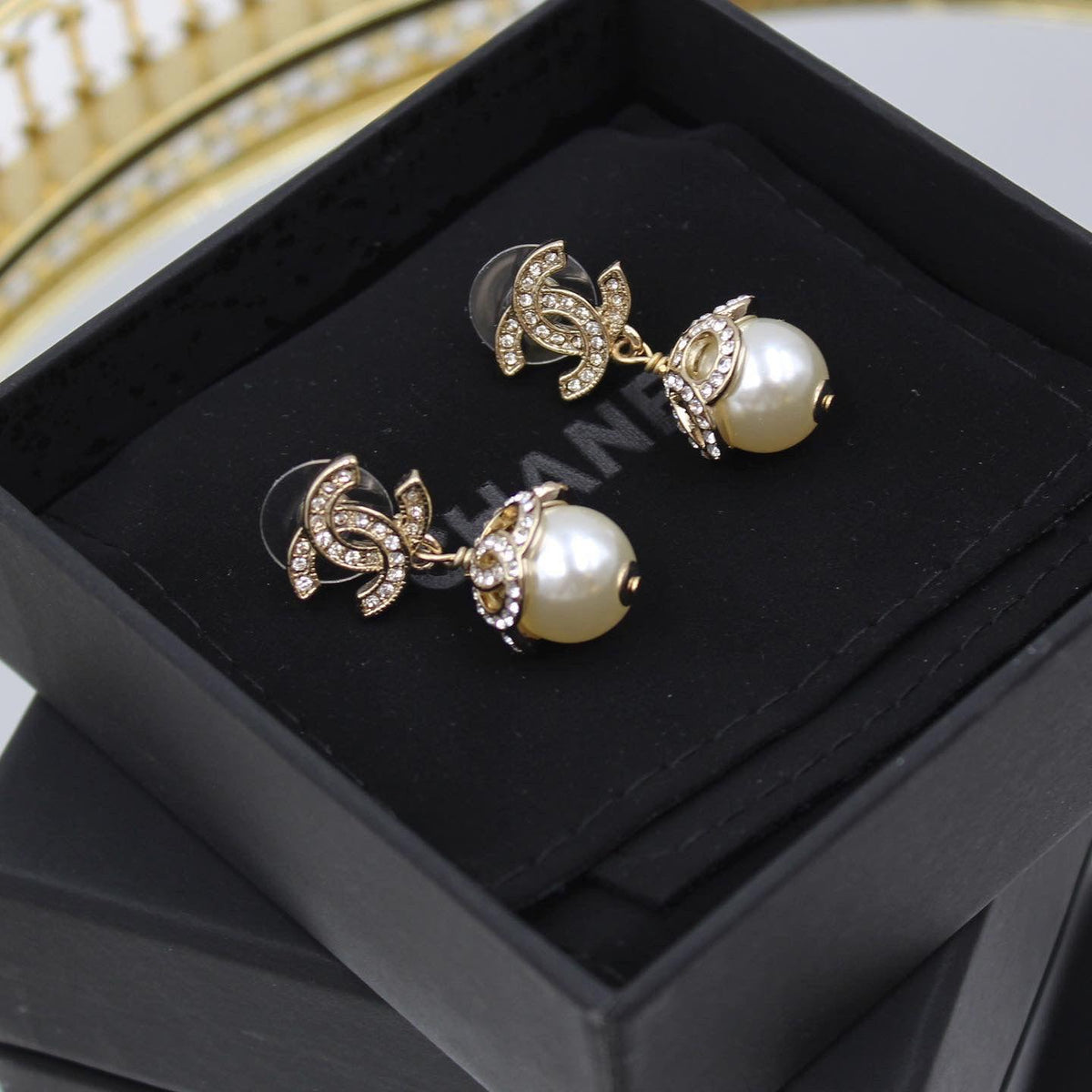 CHANEL – CC Crystal Pearl Drop Earrings