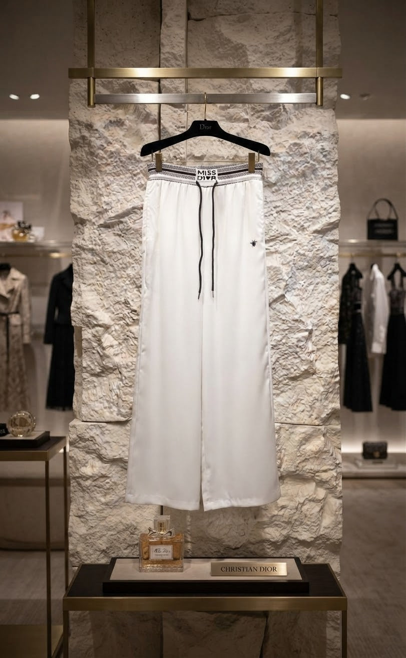 White Silk/Satin Wide-Leg Pants with Striped Waistband