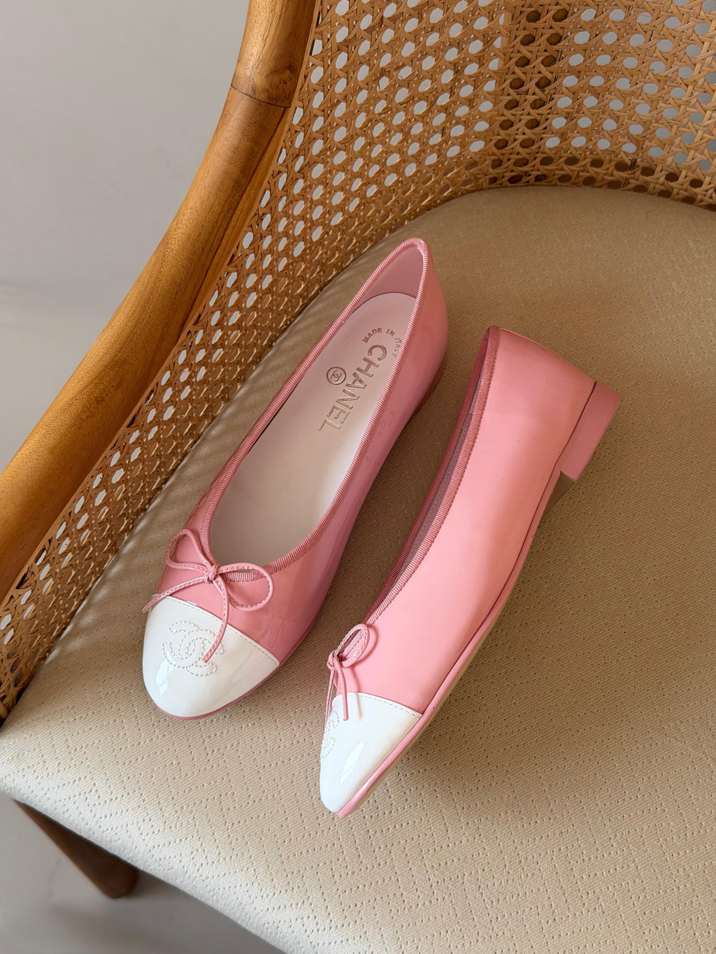 Chanel Two-Tone Patent Leather Ballet Flats with Bow & CC Logo