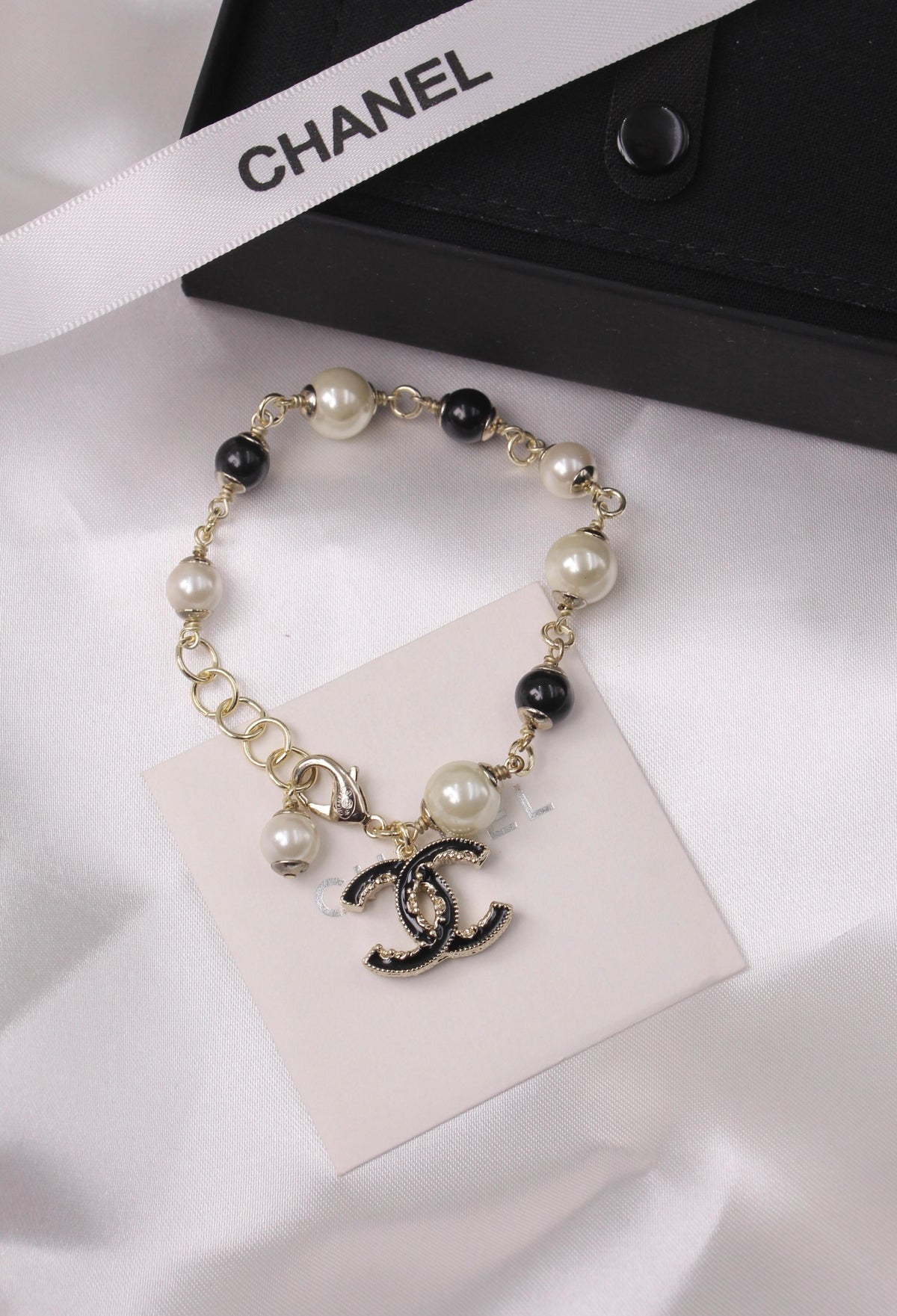 Chanel-Inspired Gold Bracelet with Black & White Pearls and CC Charm