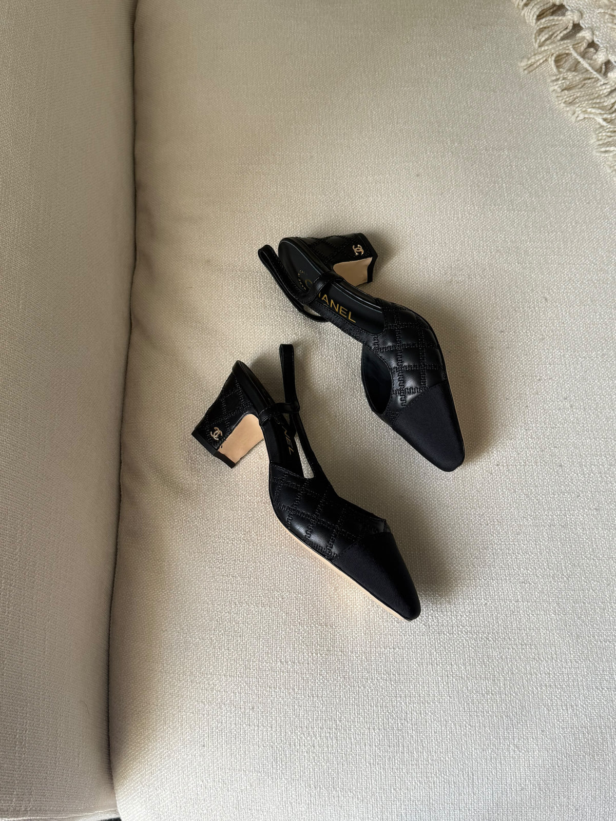CHANEL Quilted Cap-Toe Slingback Heels