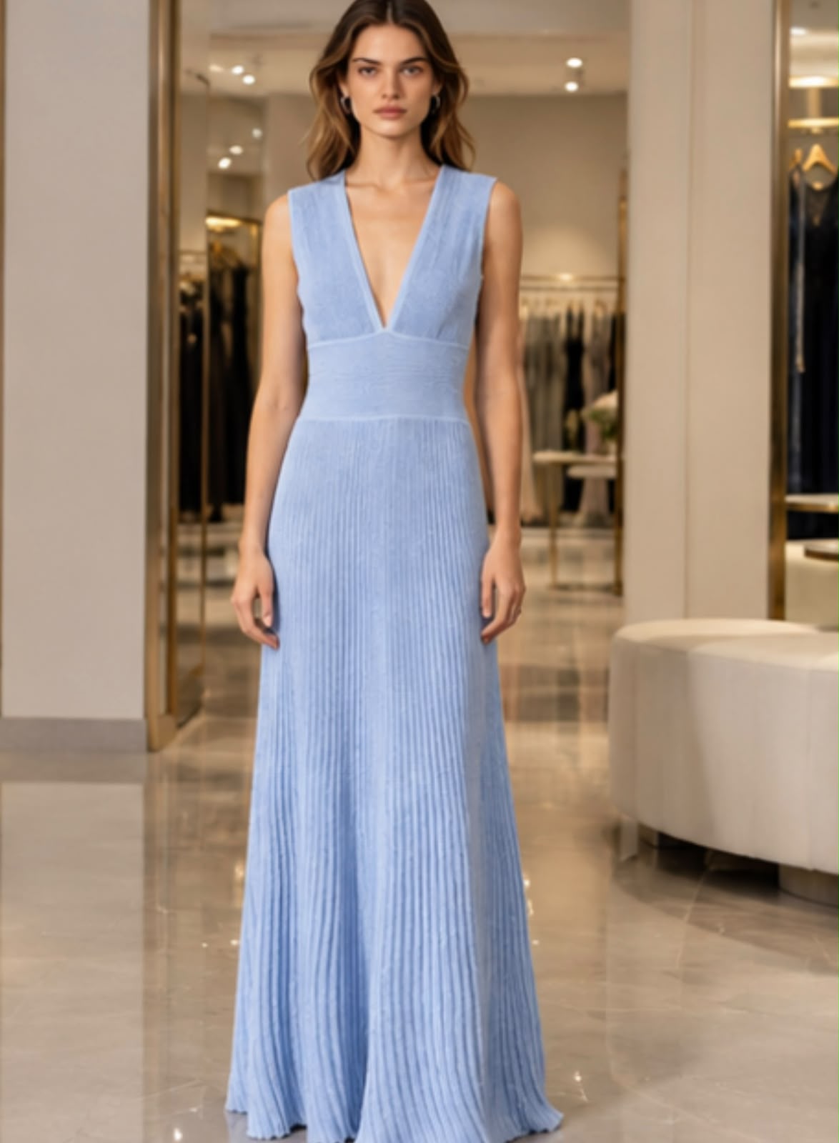 Alaïa V-Neck Ribbed Knit Gown Dress