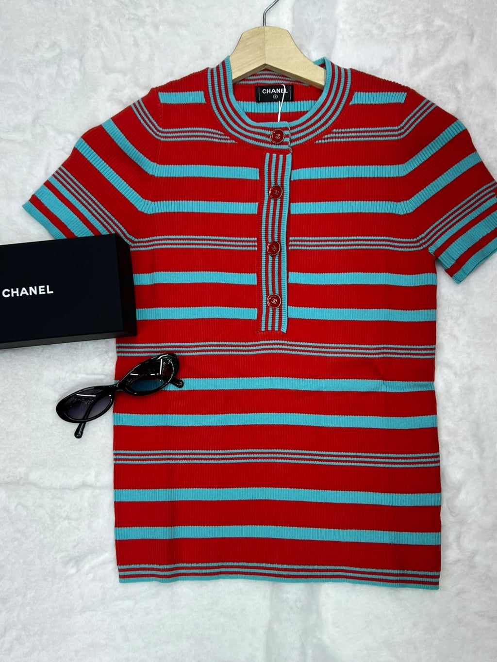 Chanel  Striped Ribbed-Knit Cotton Henley Top