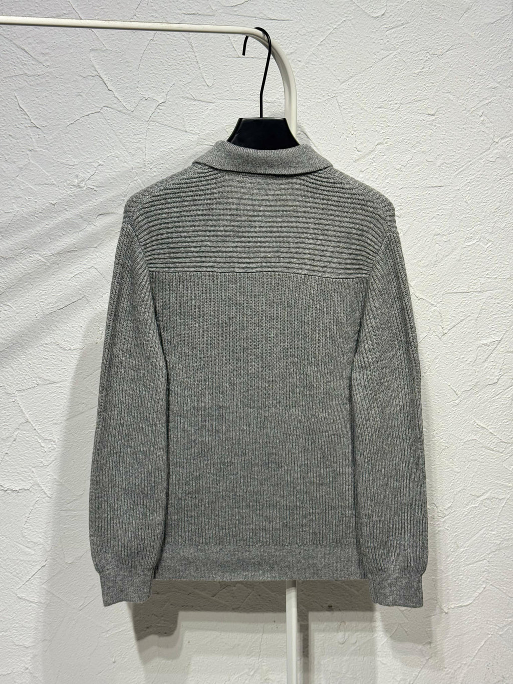 Grey Ribbed Long Sleeve Knit Polo with Chest Pocket