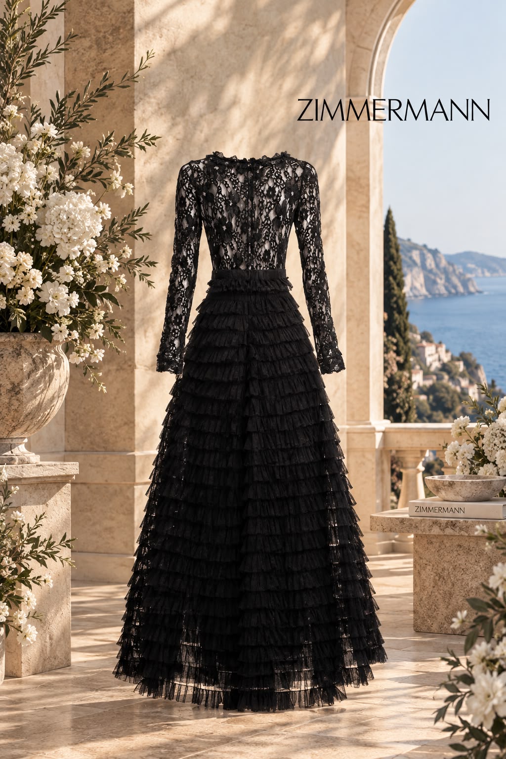Zimmermann Black Lace Bodice & Tiered Ruffle Tulle Midi Dress