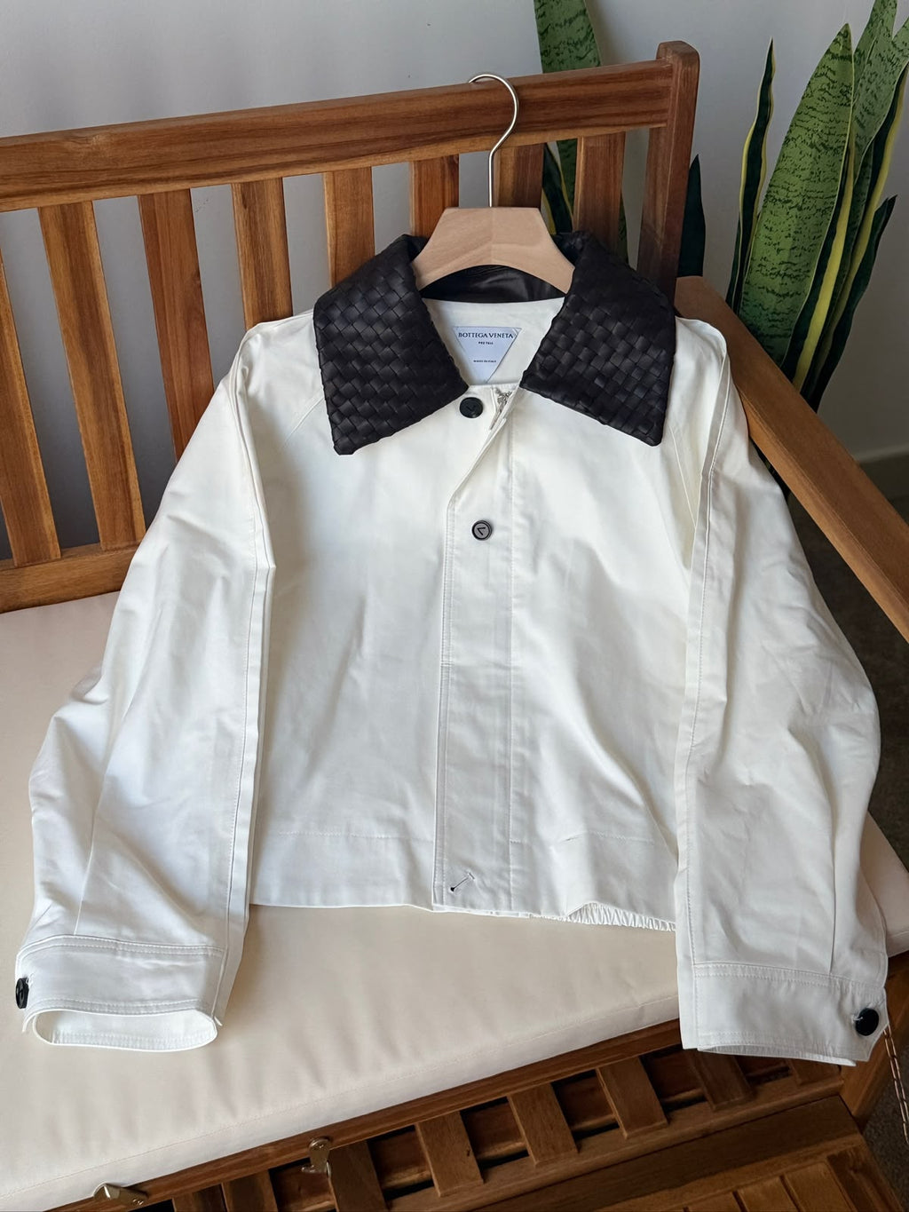 Bottega Veneta Crop Jacket with Contrast Woven Leather Collar