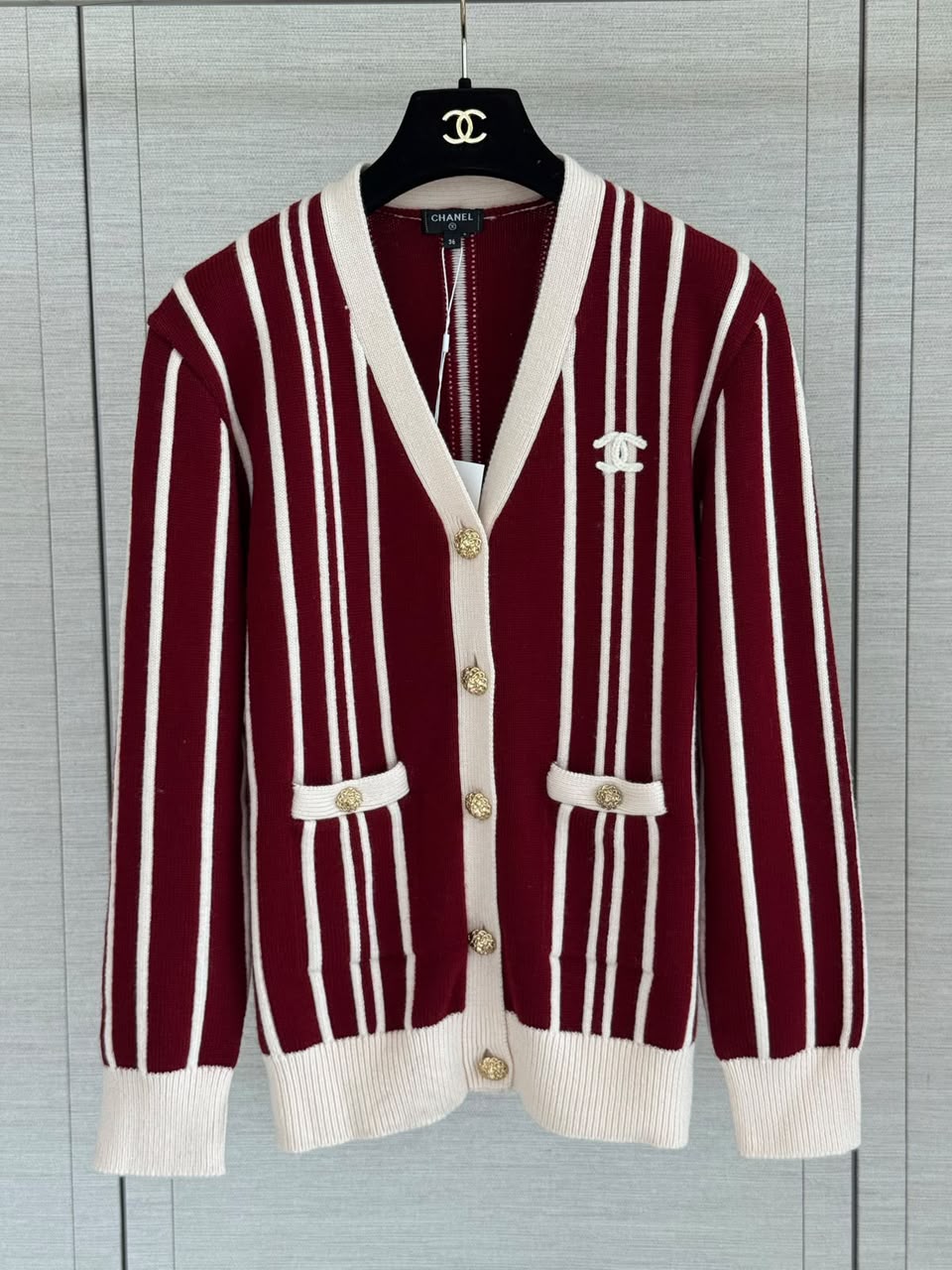 Chanel Vertical Stripe Knit Cardigan with CC Logo and Gold Buttons