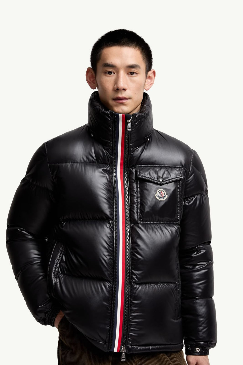MONCLER Men Glossy Black Tricolour Zip Puffer Jacket
