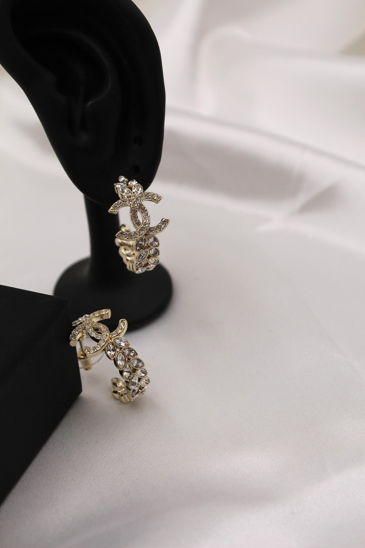 CHANEL – Gold Crystal CC Hoop Earrings