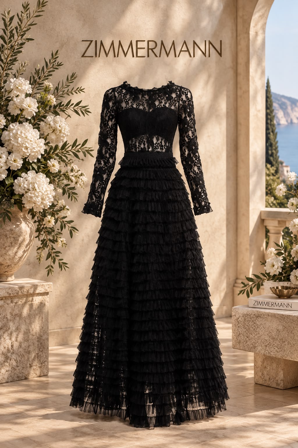 Zimmermann Black Lace Bodice & Tiered Ruffle Tulle Midi Dress