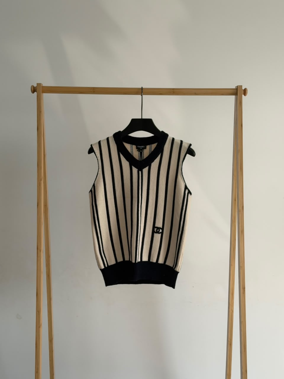 CHANEL Striped V-Neck Knit Vest