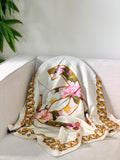 CHANEL Large floral emblem and gold chain border Square Scarf