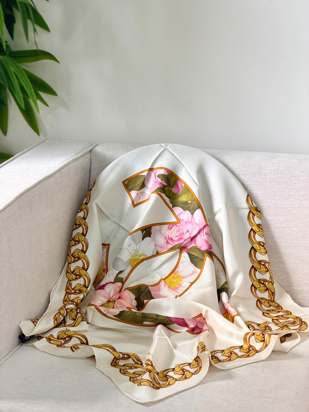 CHANEL Large floral emblem and gold chain border Square Scarf