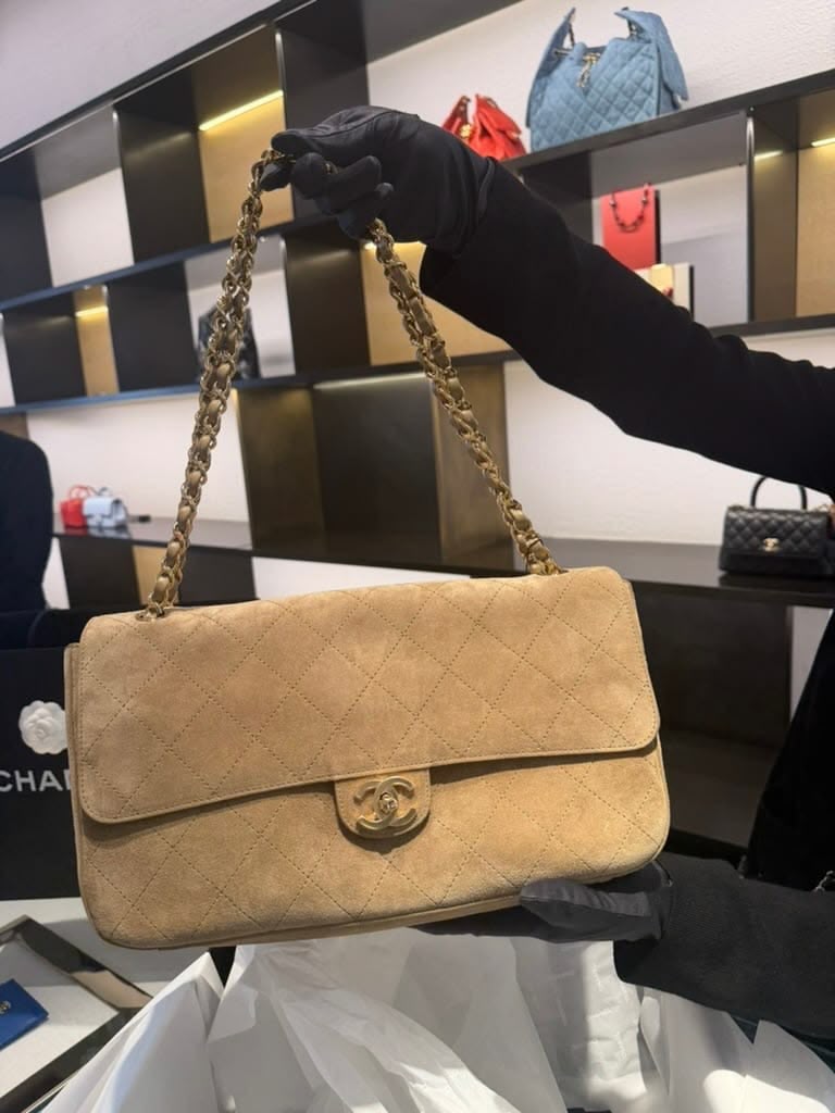 Chanel Suede Classic Flap Bag with Gold-Tone Hardware & Chain Strap