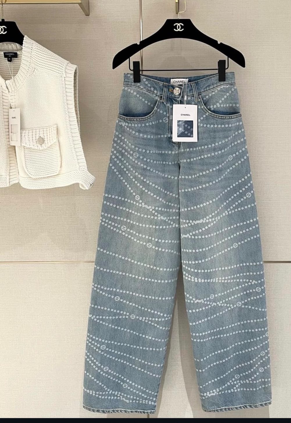 Chanel Pearl Strand Motif Printed Denim Jeans