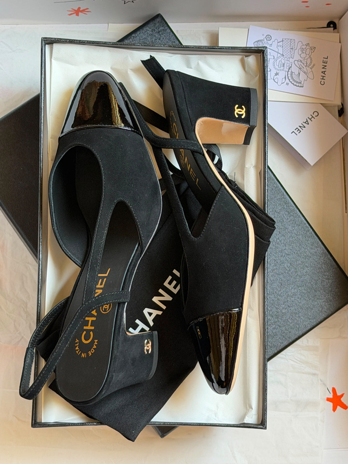 Chanel Black Tweed & Patent Cap-Toe Slingback Block Heel Pumps