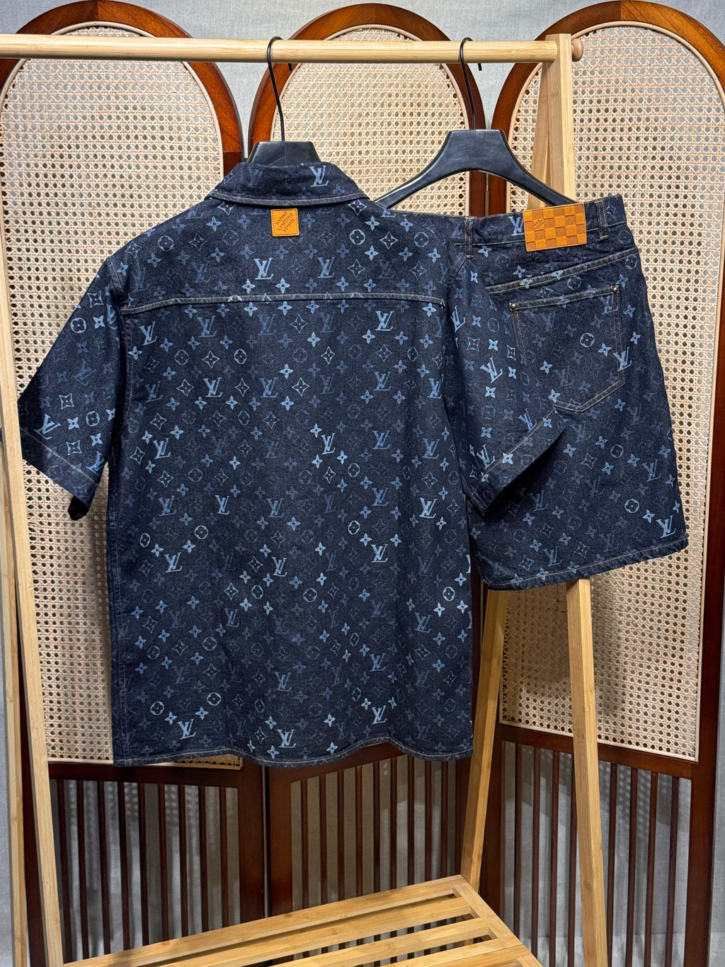 Louis Vuitton Navy Monogram Denim Shirt and Shorts Set