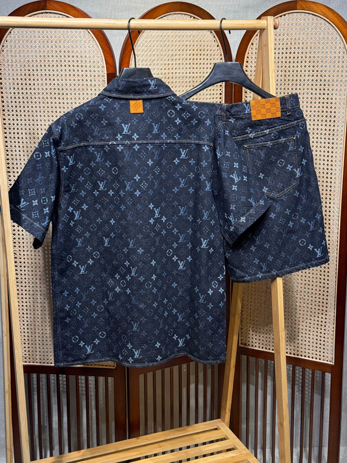 Louis Vuitton Navy Monogram Denim Shirt and Shorts Set