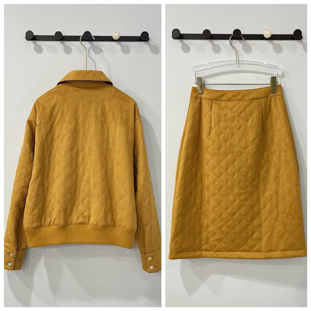 CHANEL Mustard Quilted Jacket and Skirt Set