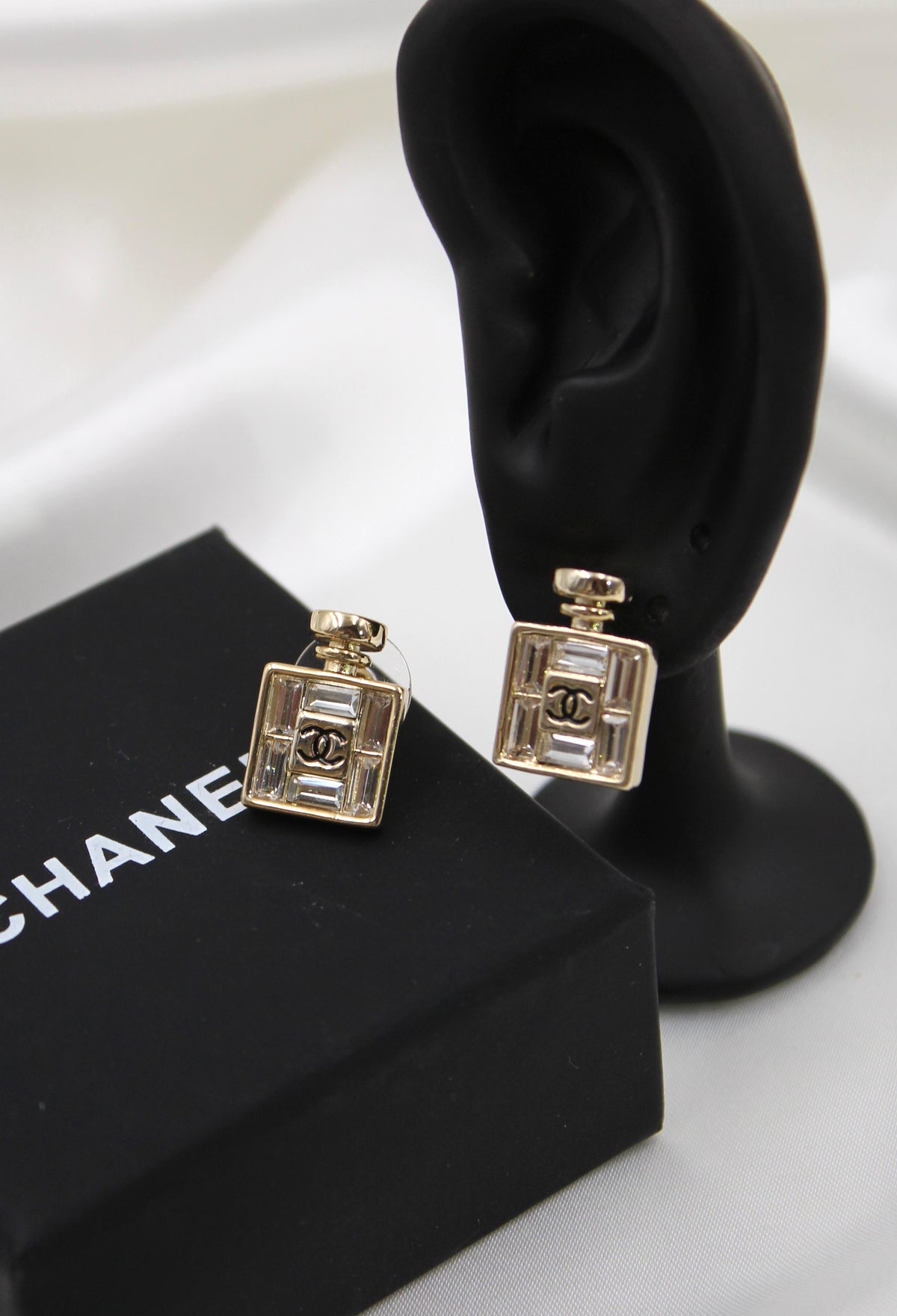 CHANEL – Gold Square Perfume Bottle Earrings
