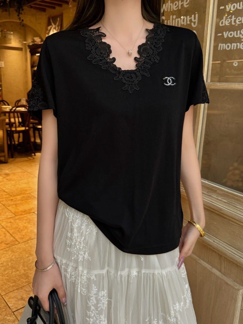 Chanel Lace Trim V-Neck Knit T-Shirt