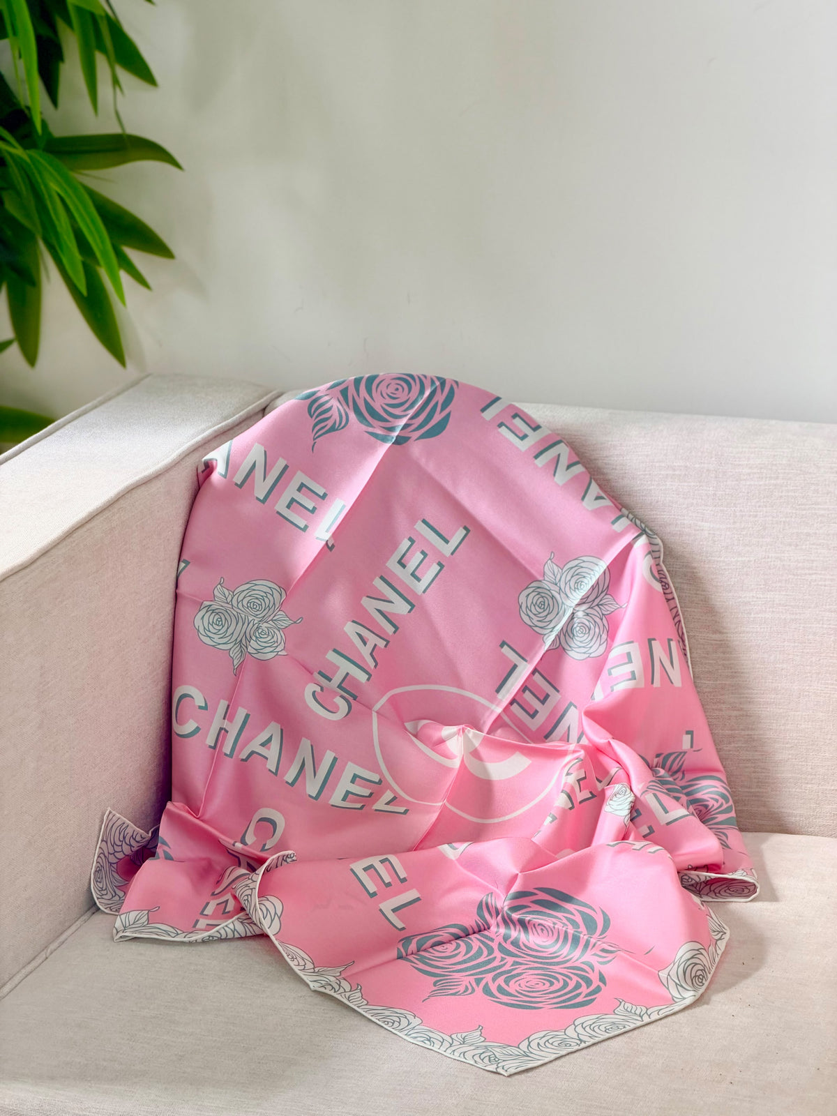 CHANEL Rose motifs and bold lettering Square Scarf