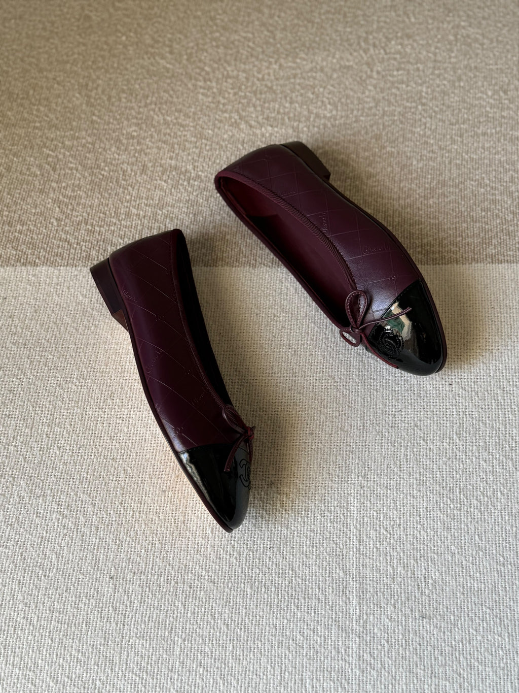 CHANEL Quilted Bow Patent Cap-Toe Ballet Flats