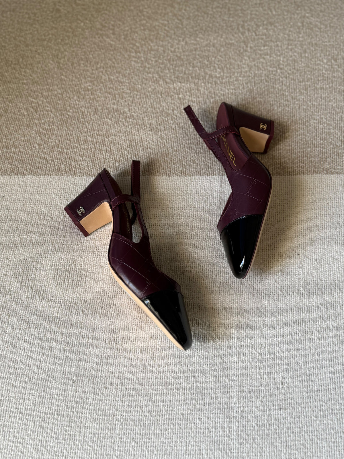 CHANEL Quilted Patent Cap-Toe Block Heels