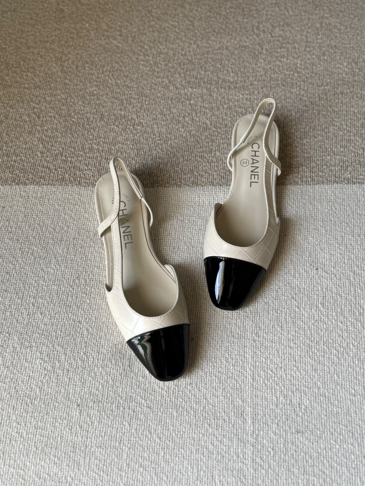 CHANEL Quilted Patent Cap-Toe Slingback Flats