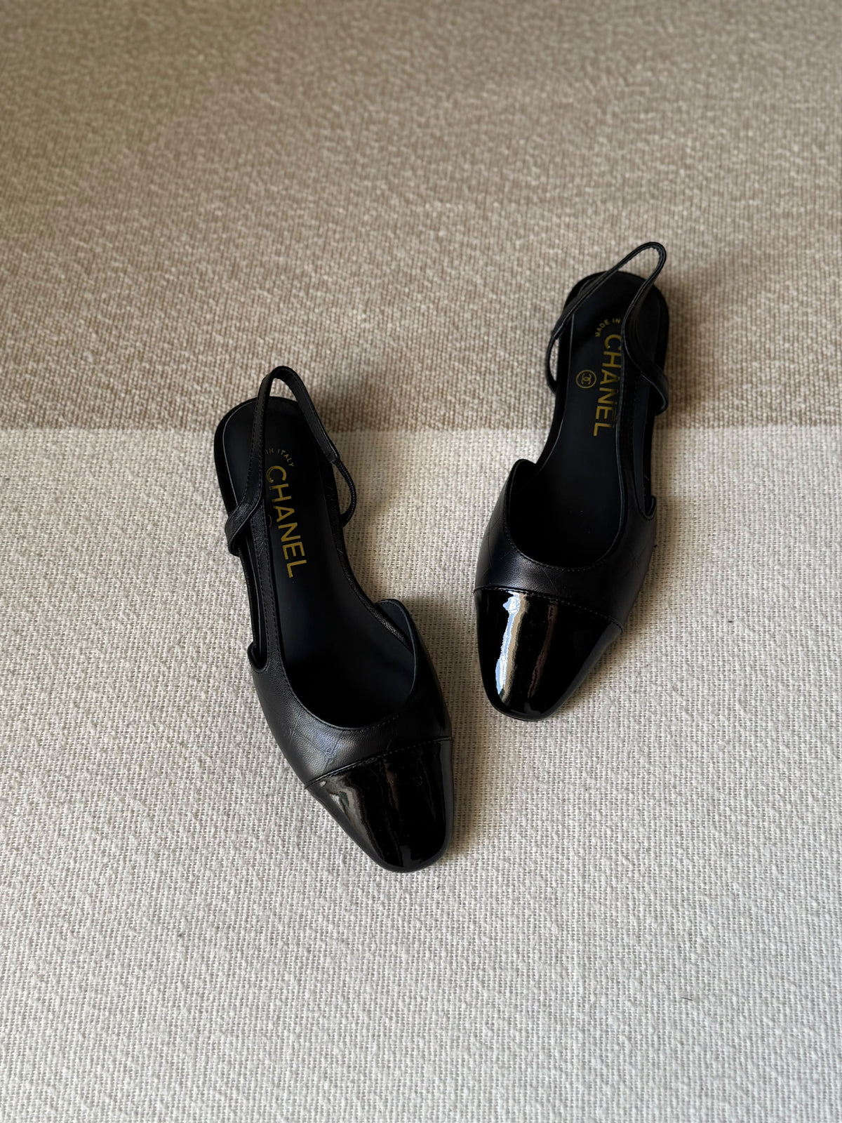 CHANEL Quilted Patent Cap-Toe Slingback Flats