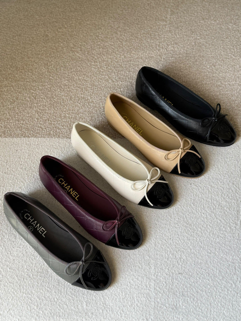 CHANEL Quilted Bow Patent Cap-Toe Ballet Flats