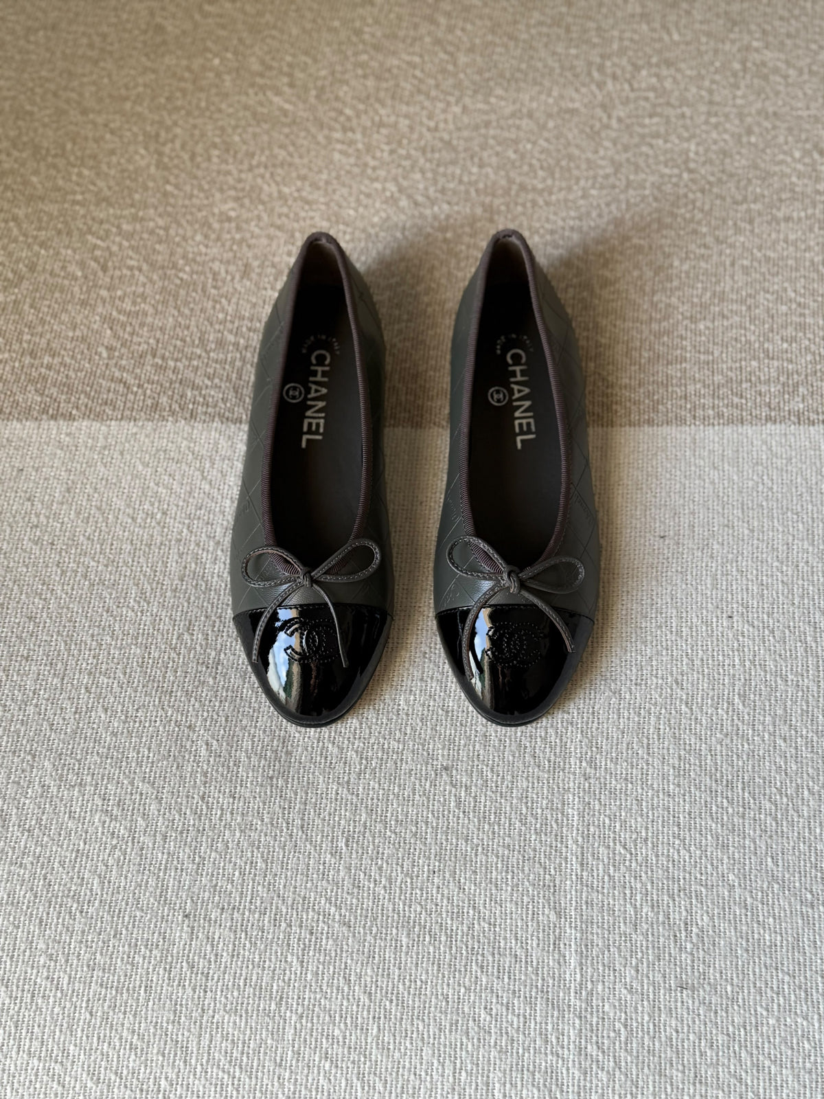 CHANEL Quilted Bow Patent Cap-Toe Ballet Flats