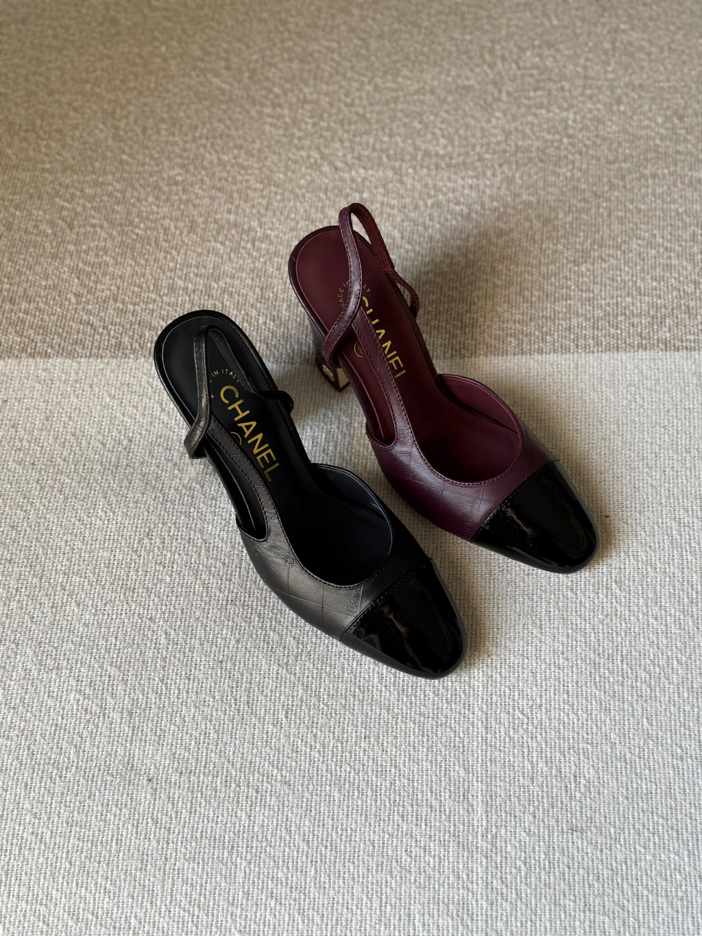CHANEL Quilted Patent Cap-Toe Slingback Heels