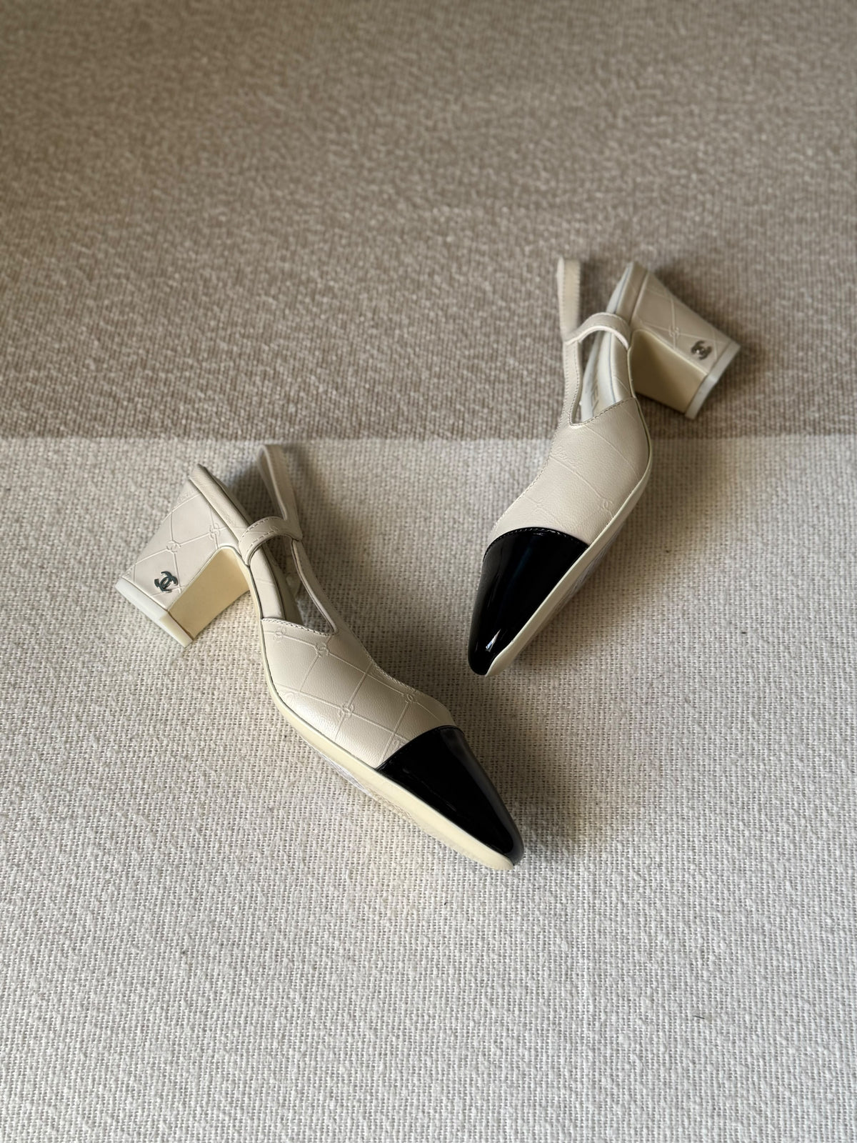 CHANEL Quilted Patent Cap-Toe Block Heels