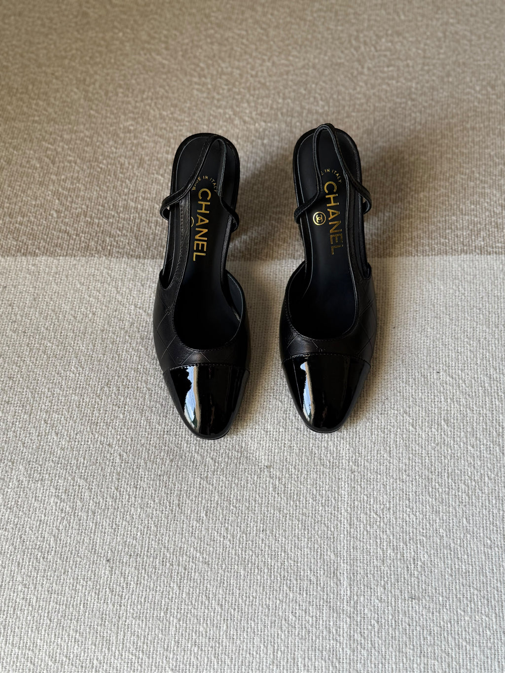 CHANEL Quilted Patent Cap-Toe Slingback Heels