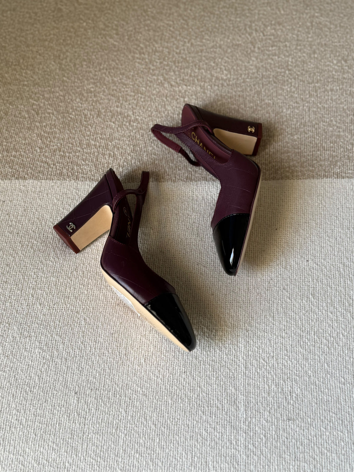 CHANEL Quilted Patent Cap-Toe Slingback Heels