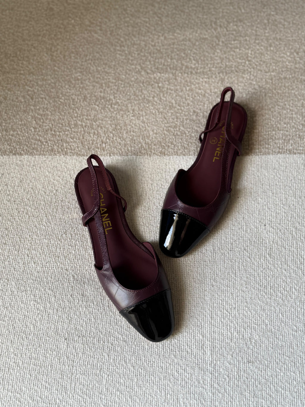 CHANEL Quilted Patent Cap-Toe Slingback Flats