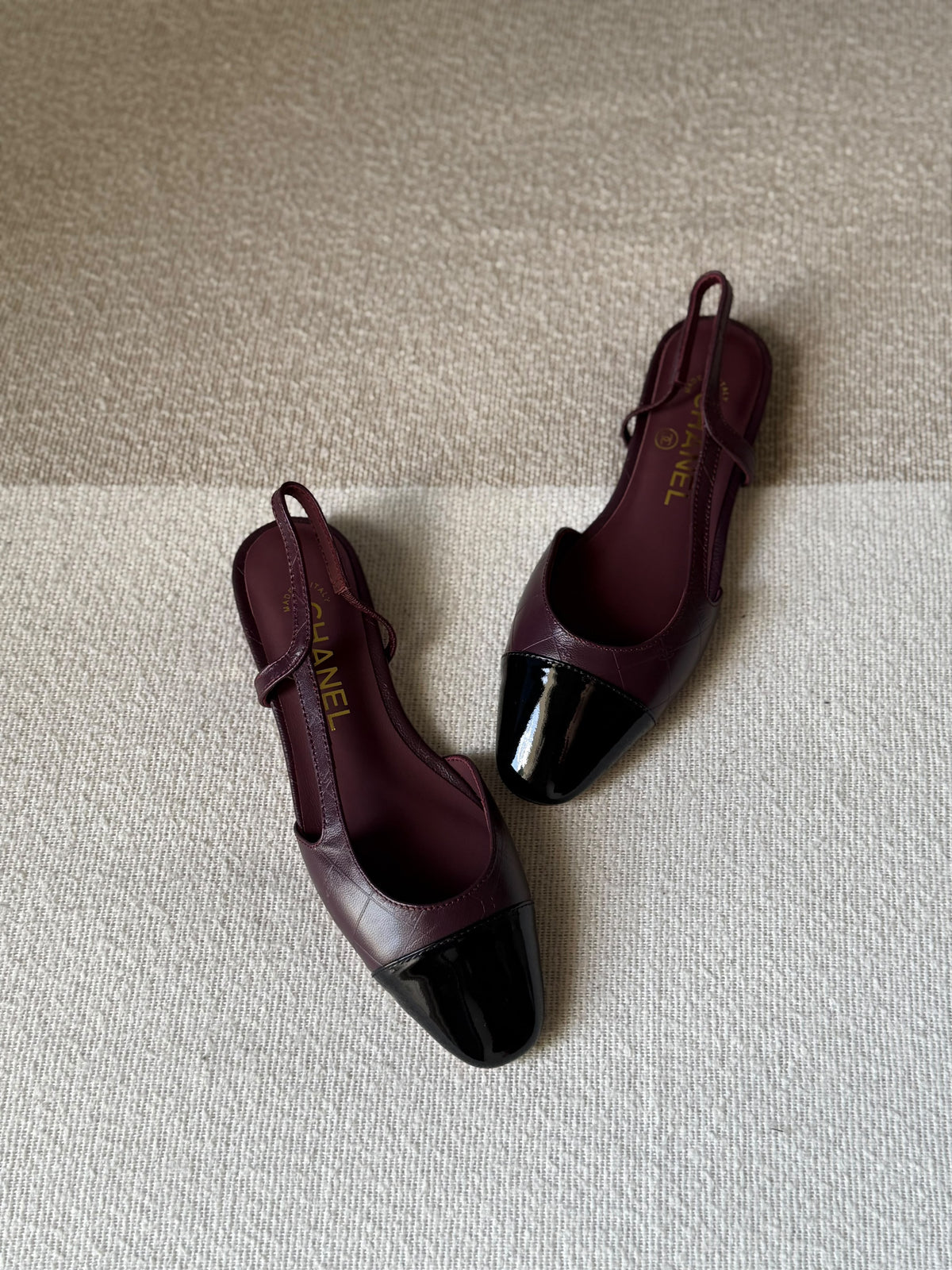 CHANEL Quilted Patent Cap-Toe Slingback Flats