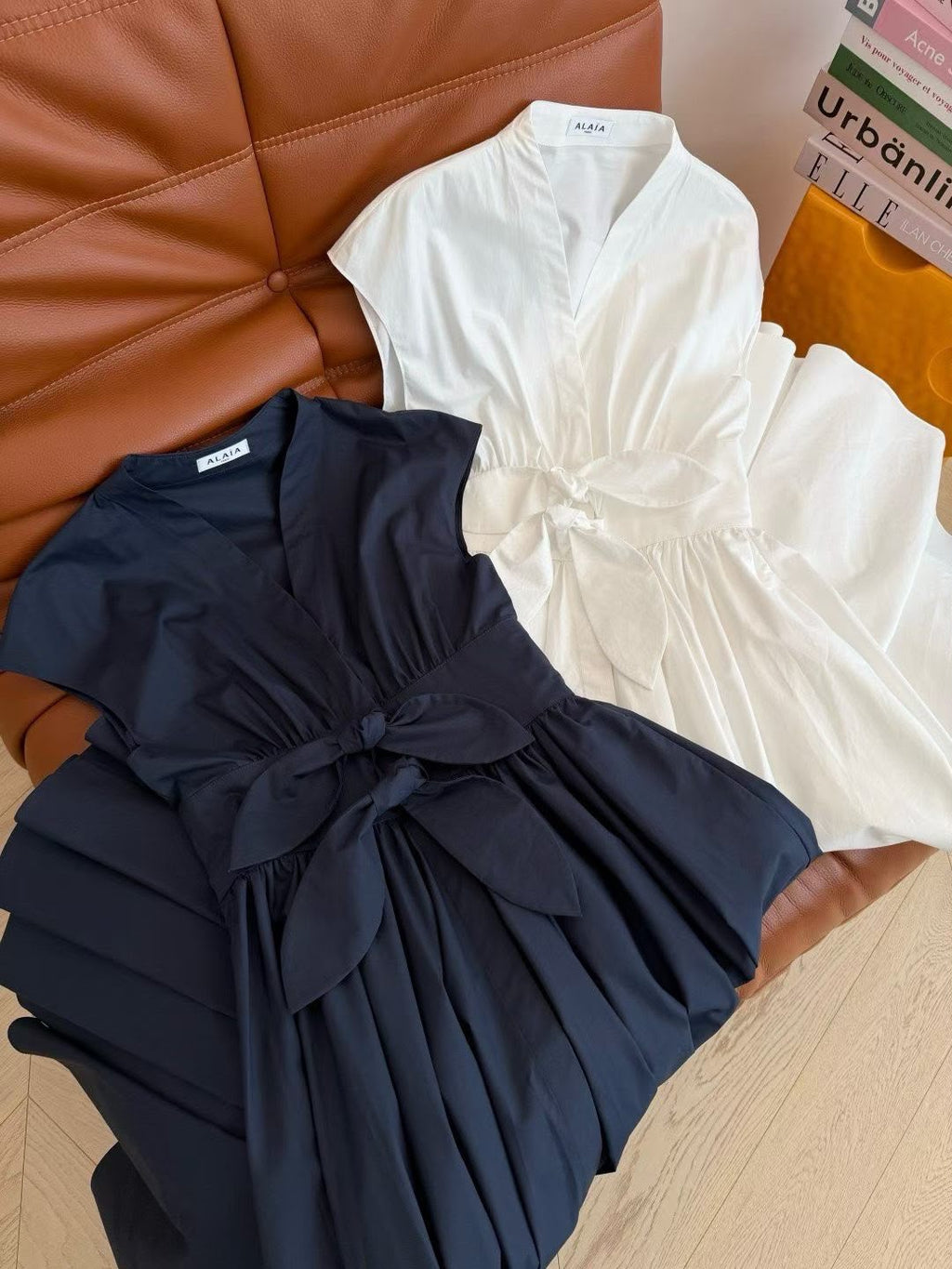 Alaïa V-Neck Belted Cotton Poplin Dress
