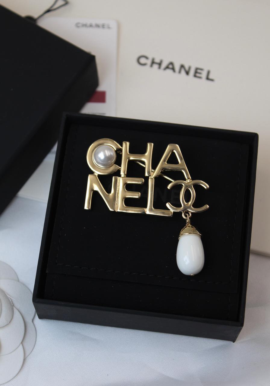Chanel-Inspired Gold-Tone Pearl Drop Logo Brooch