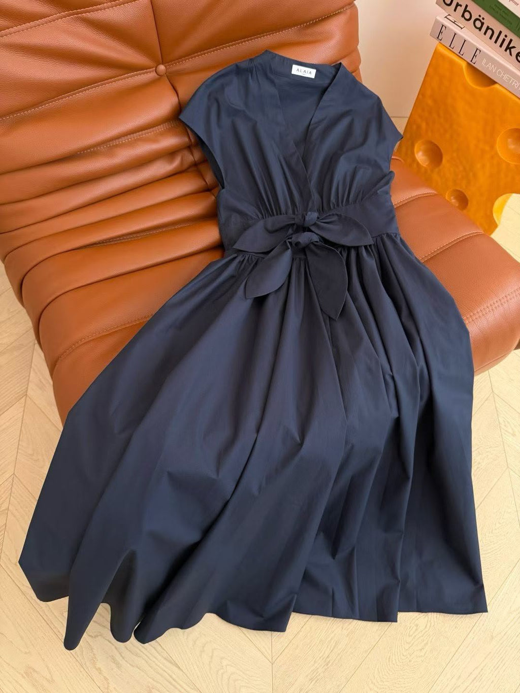 Alaïa V-Neck Belted Cotton Poplin Dress