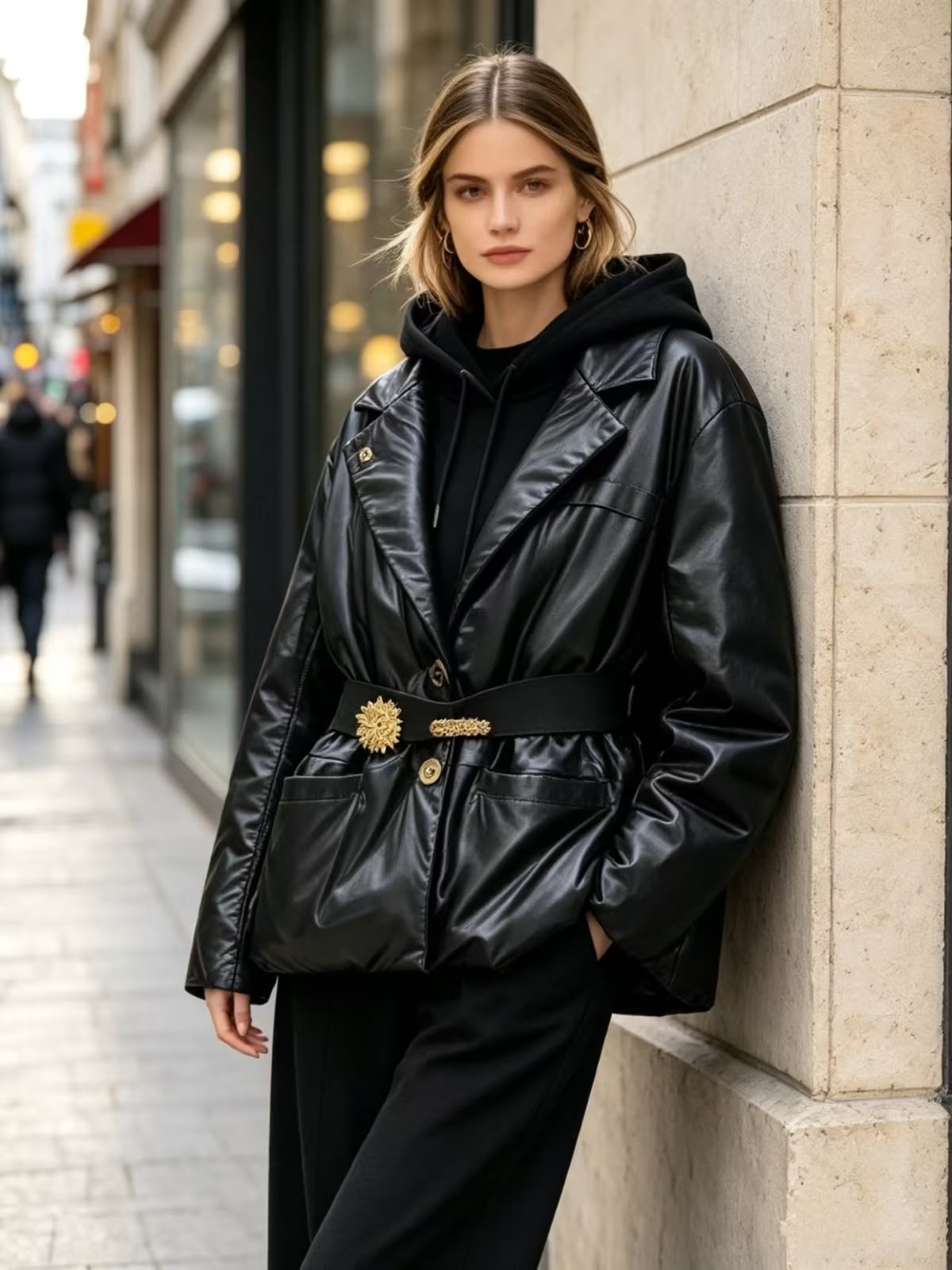 Schiaparelli Belted Leather Puffer Jacket with Hardware Detail
