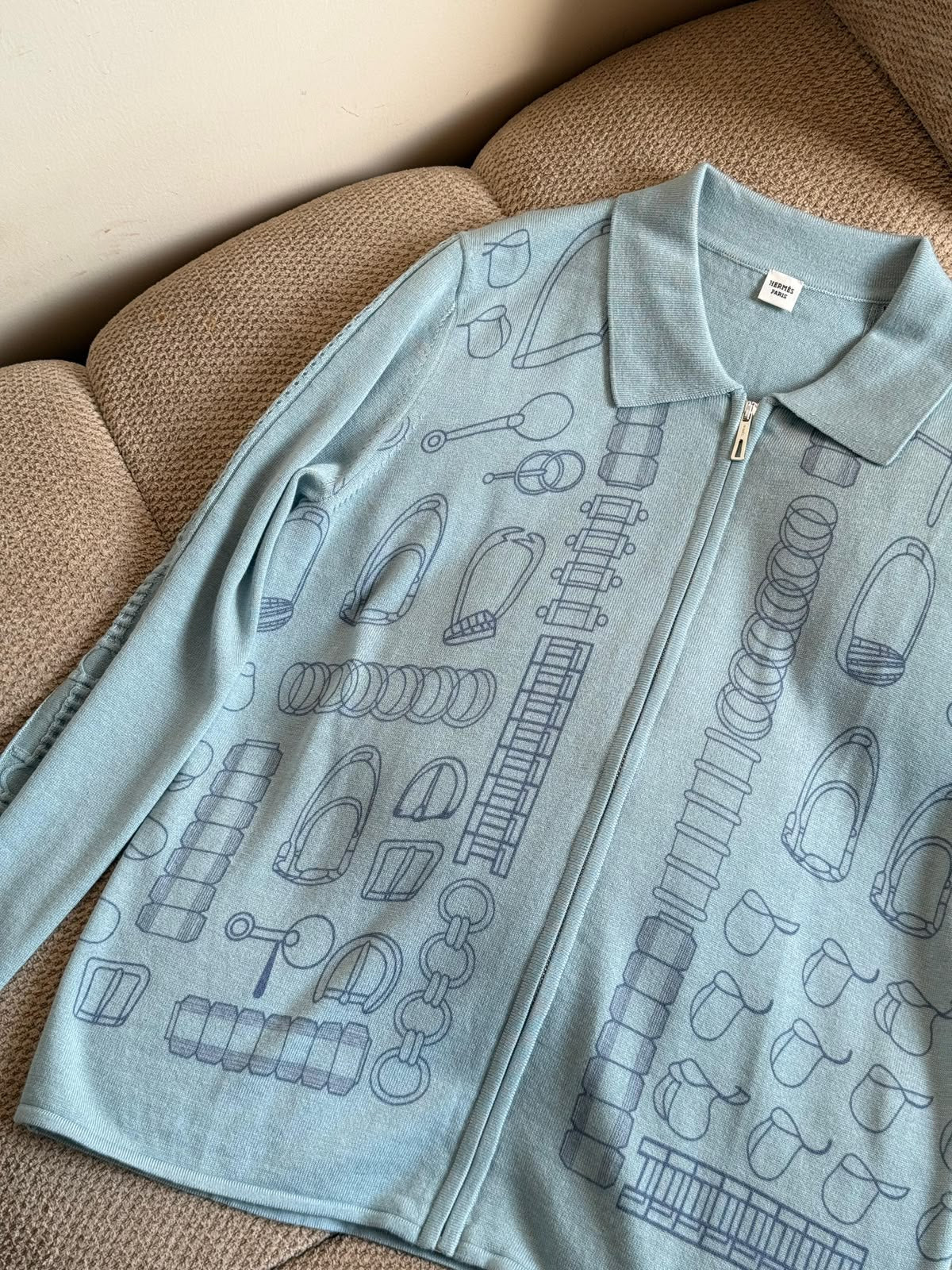 Hermès Object Motif Zip-Up Knit Cardigan