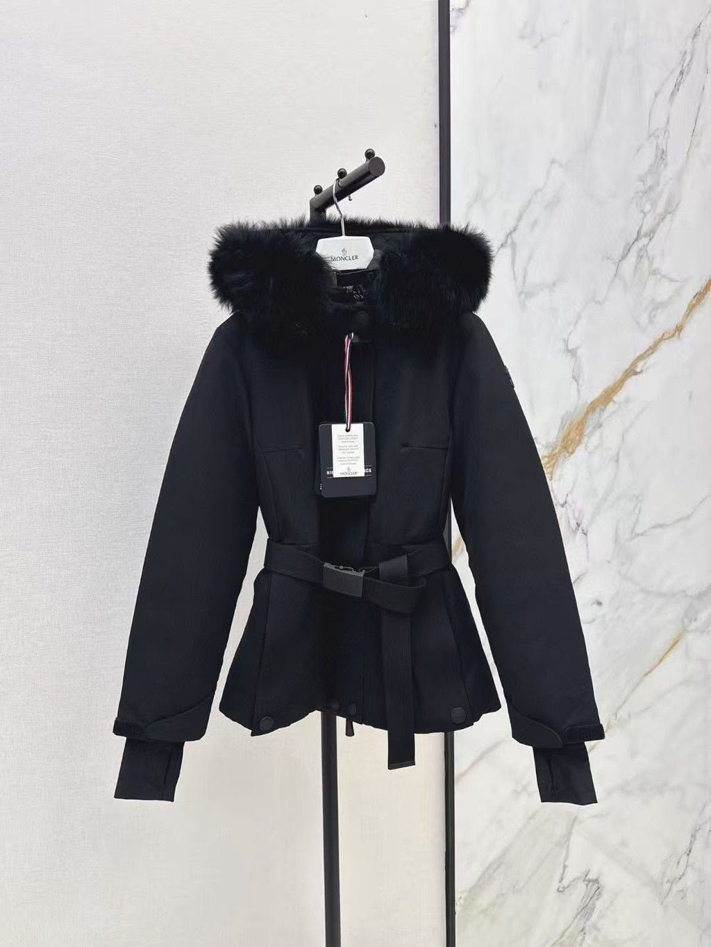 Moncler Fur-Trimmed Hooded Belted Jacket