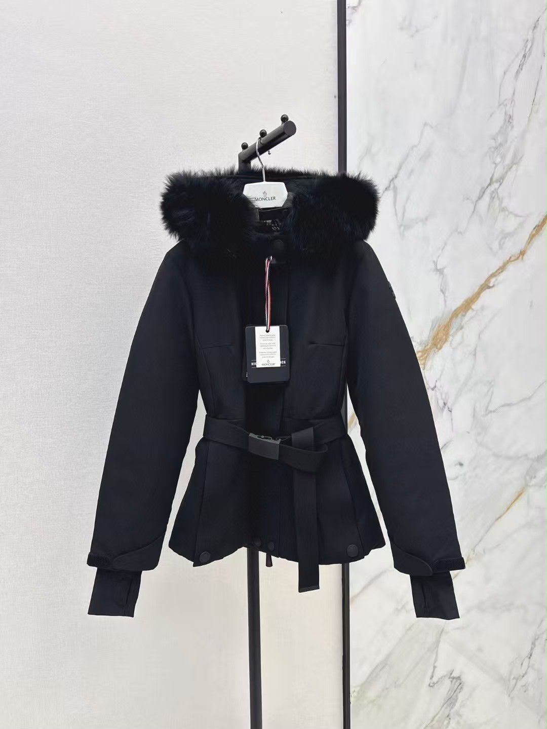 Moncler Fur-Trimmed Hooded Belted Jacket