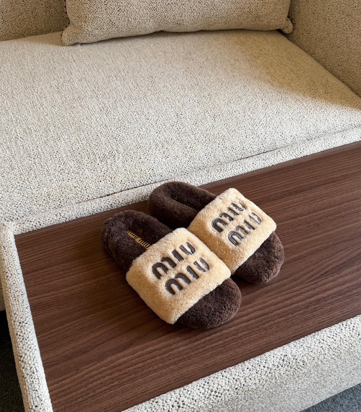 Miu Miu Shearling Logo Slide Slippers