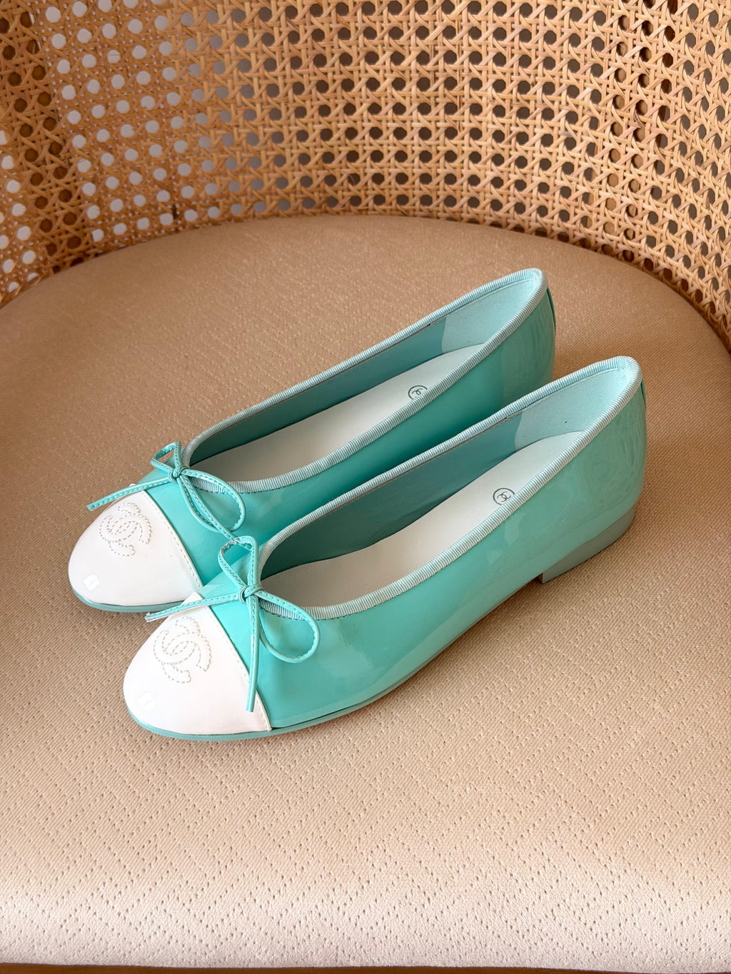 Chanel Two-Tone Patent Leather Ballet Flats with Bow & CC Logo