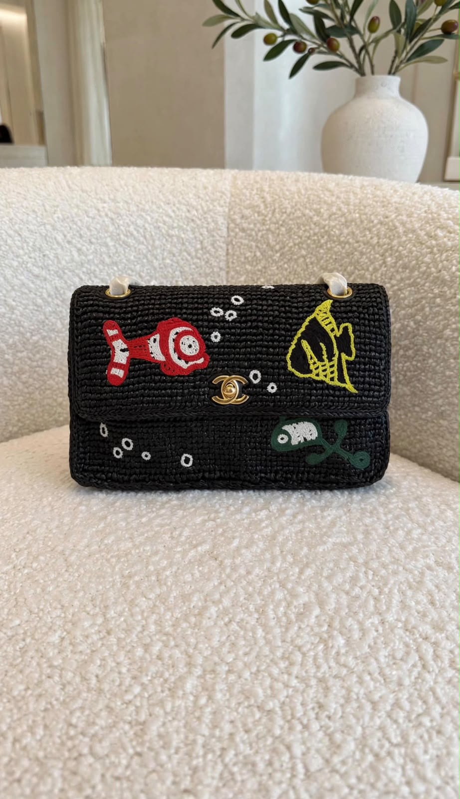 Chanel Embroidered Raffia/Straw Flap Bag