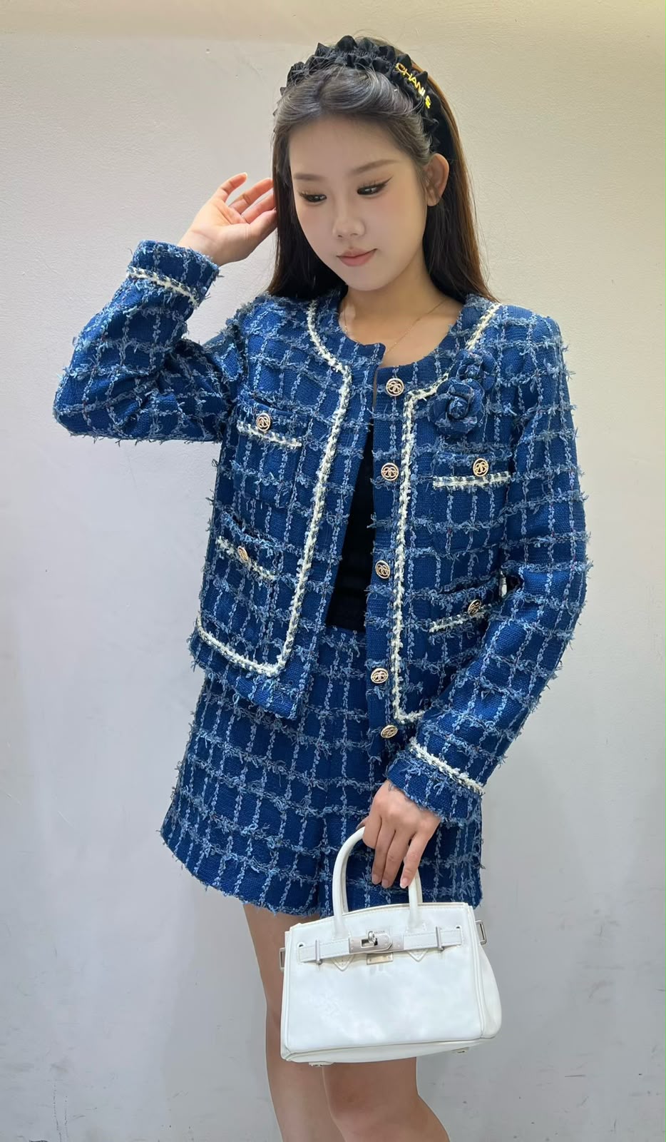 Chanel Tweed Jacket and Skirt/Shorts Set with Camellia Brooch